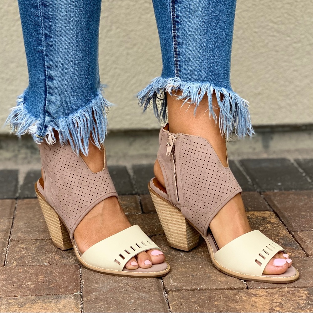 Two Tone Whipstitched Ankle Cuff Peep Toe Shootie - Picture 3 of 8